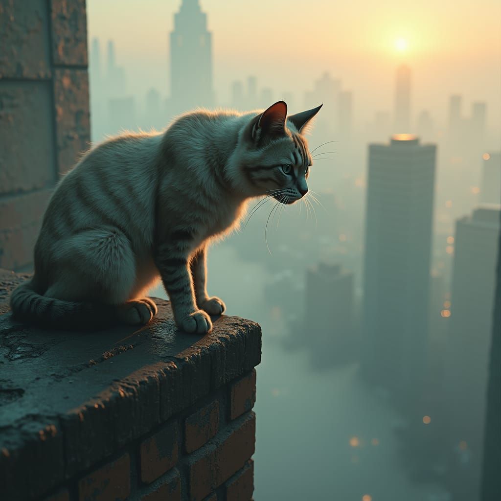 Melancholic Cat Leaping into City Abyss, Digital Art