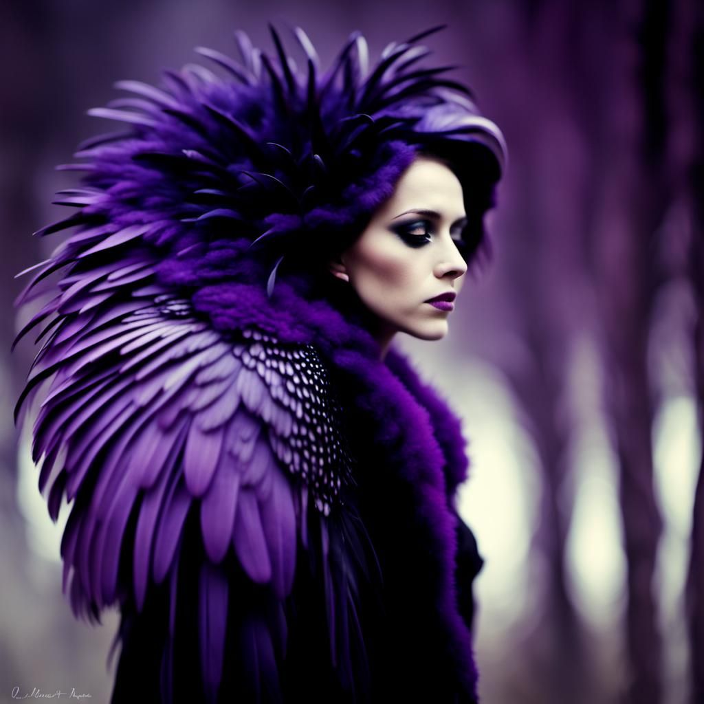 Woman Wears Grief as Feathered Coat in Purple and Black