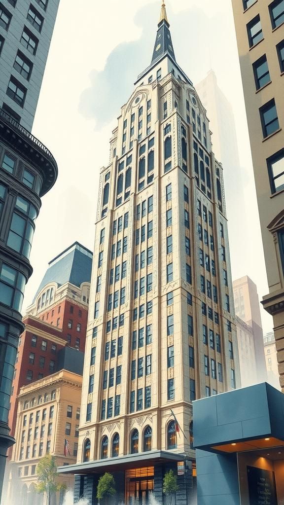 Art Deco Skyscraper in Watercolor Hues