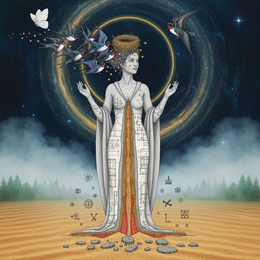 Ethereal Woman Dissolving into Iridescent Birds, Cosmic Ener...