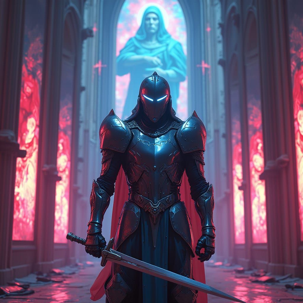 Futuristic Knight in Cyberpunk Cathedral with Holographic Sa...
