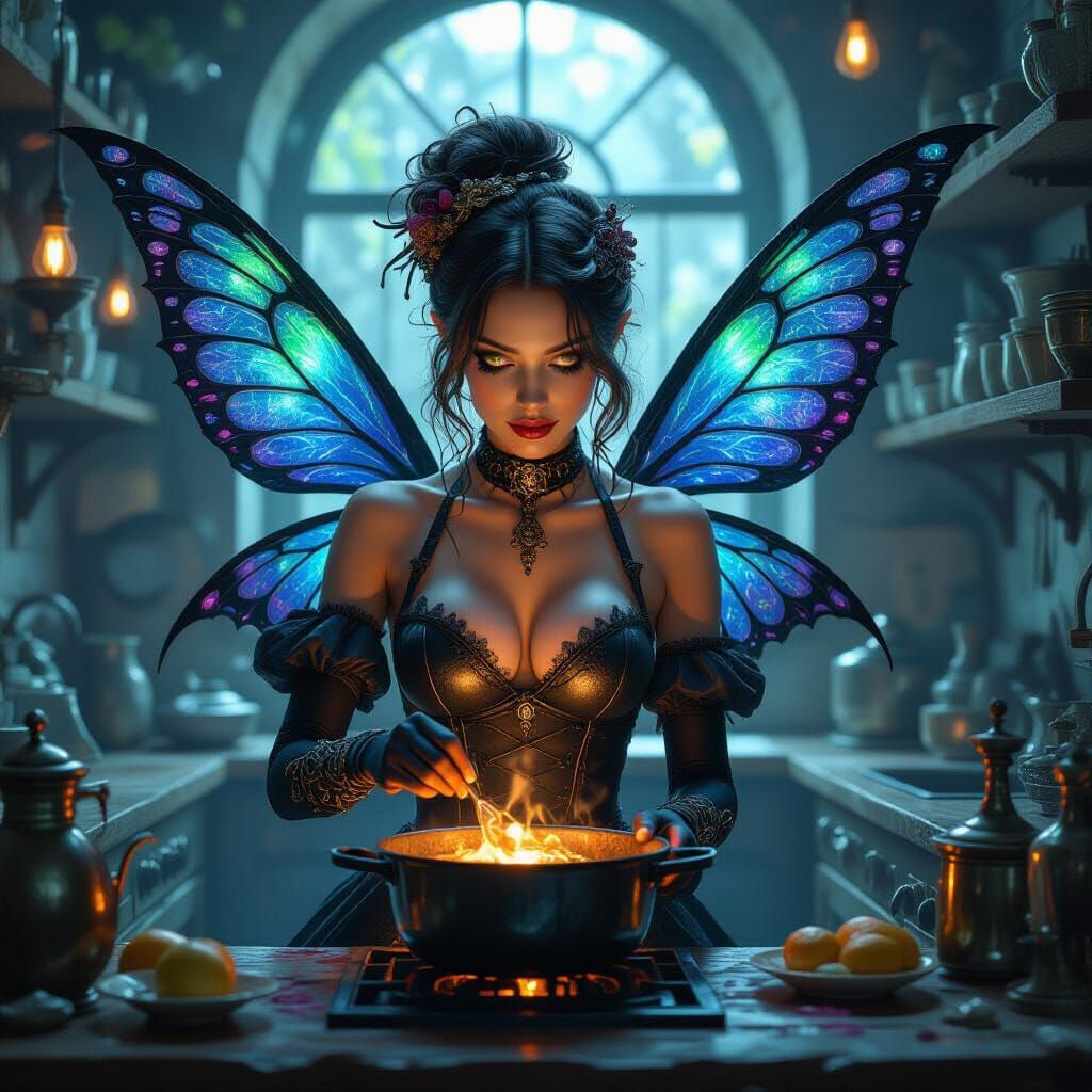 Steampunk Dark Fairy Tradwife in Magical Kitchen