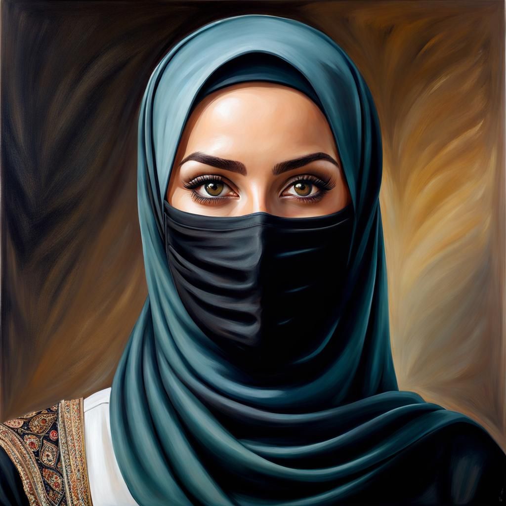 Beautiful Facemasked Woman in Hijab: Realistic Oil Painting