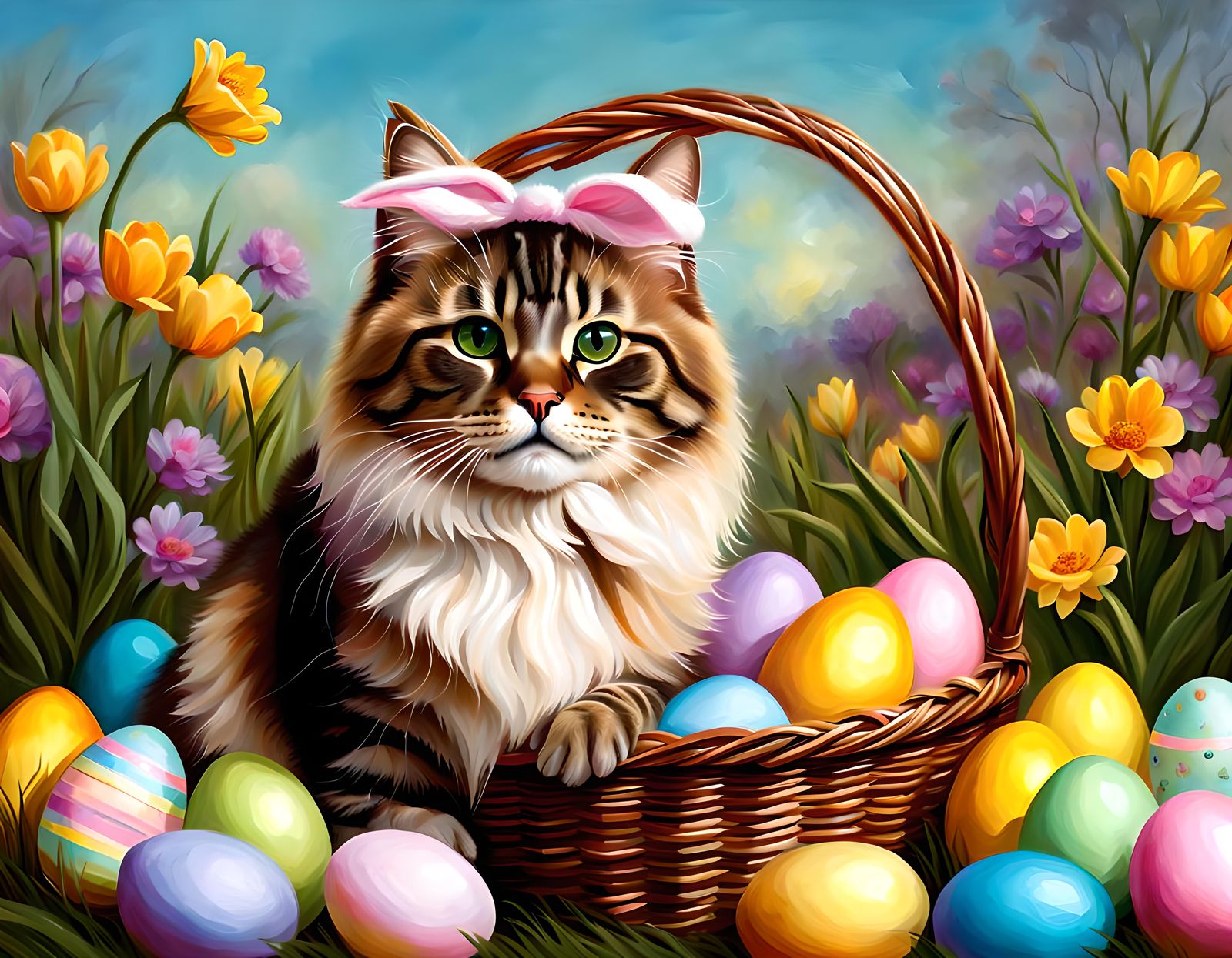 Siberian Cat as Easter Bunny Oil Painting