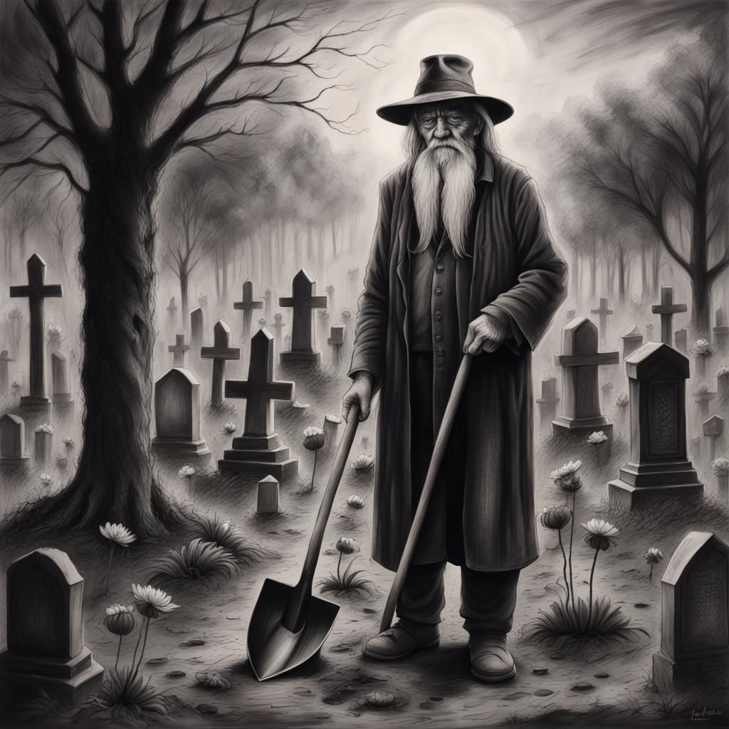 Black Lotus Undertaker in Graveyard: Charcoal Drawing