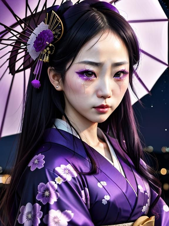 Sad Geisha Portrait in Purple Moonlight