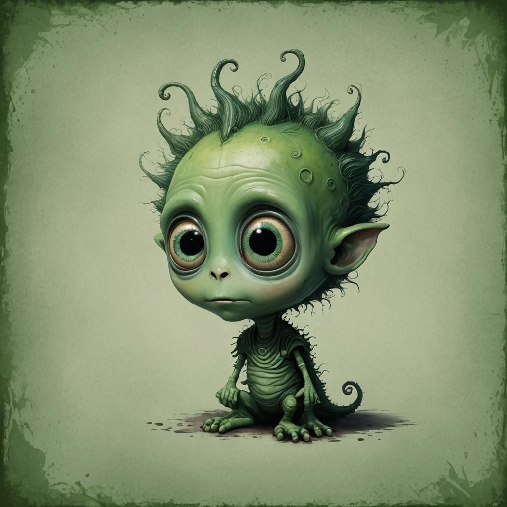 Cute Green Alien with Big Eyes in Burton Style