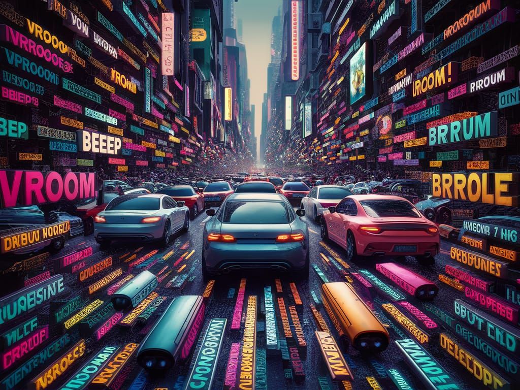 Neon Cityscape with Word-Based Vehicles