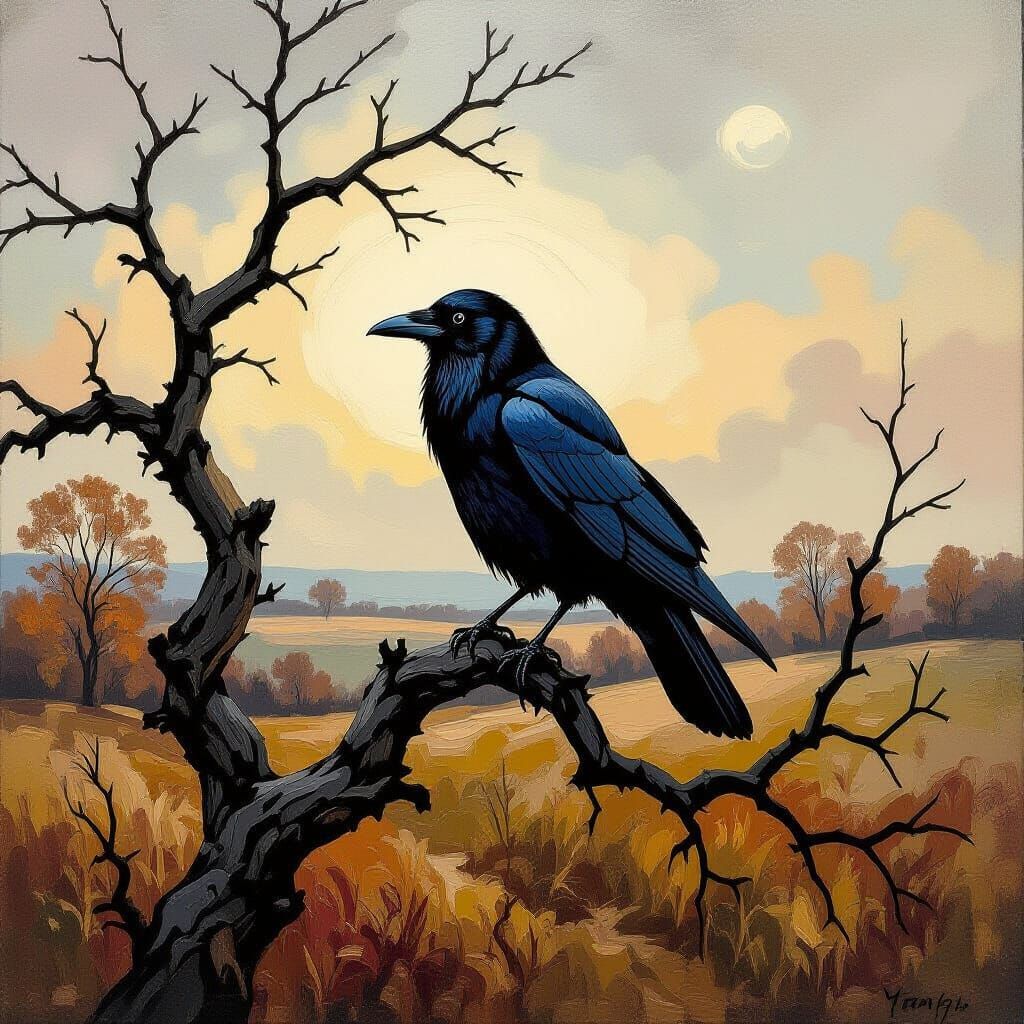 Ancient Crow on Autumn Tree in Impasto Oil Style