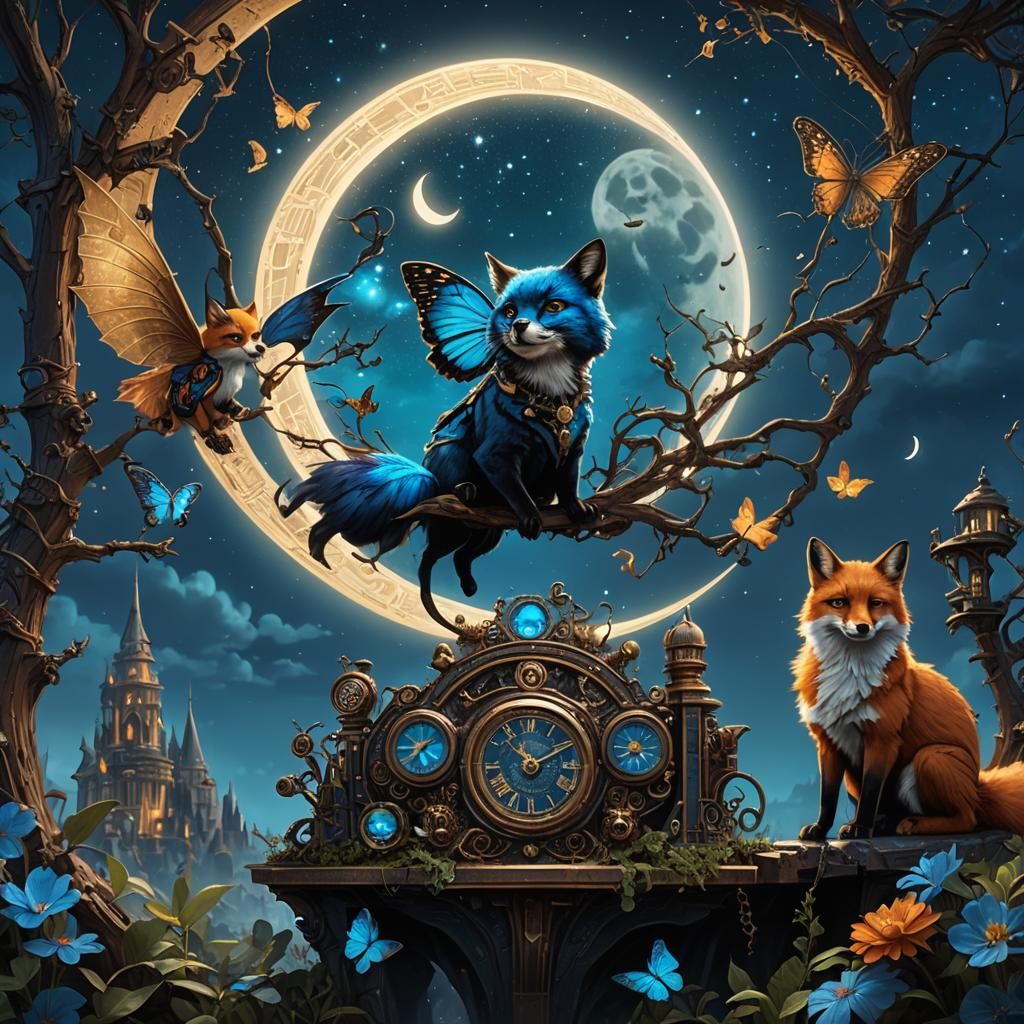 Steampunk Butterfly with Foxes Under Moonlight