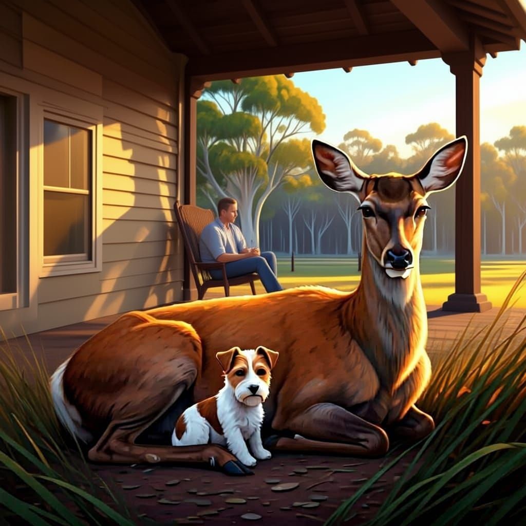 Red Deer and Fox Terrier in Farm Setting