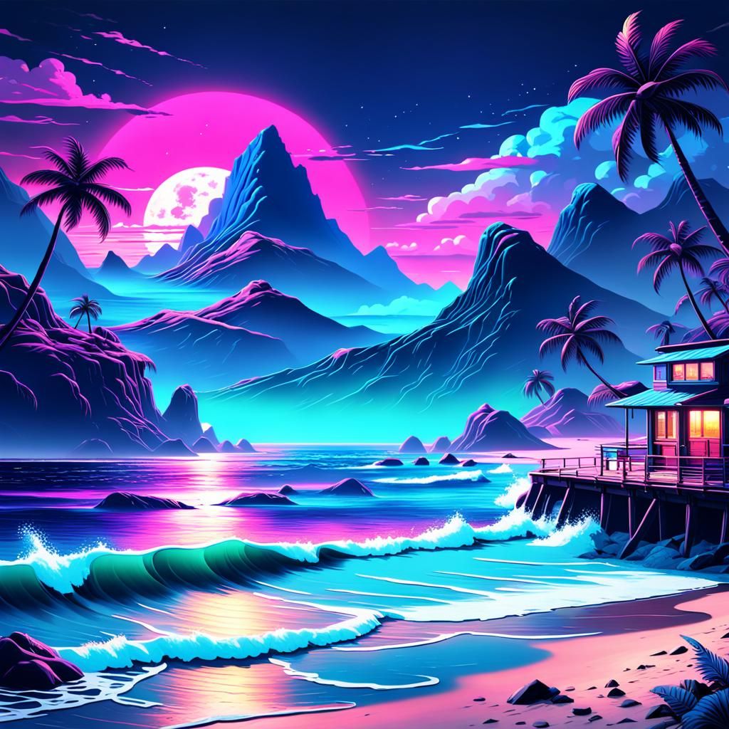 Dark Blue Synthwave Beach in Detailed Matte Painting
