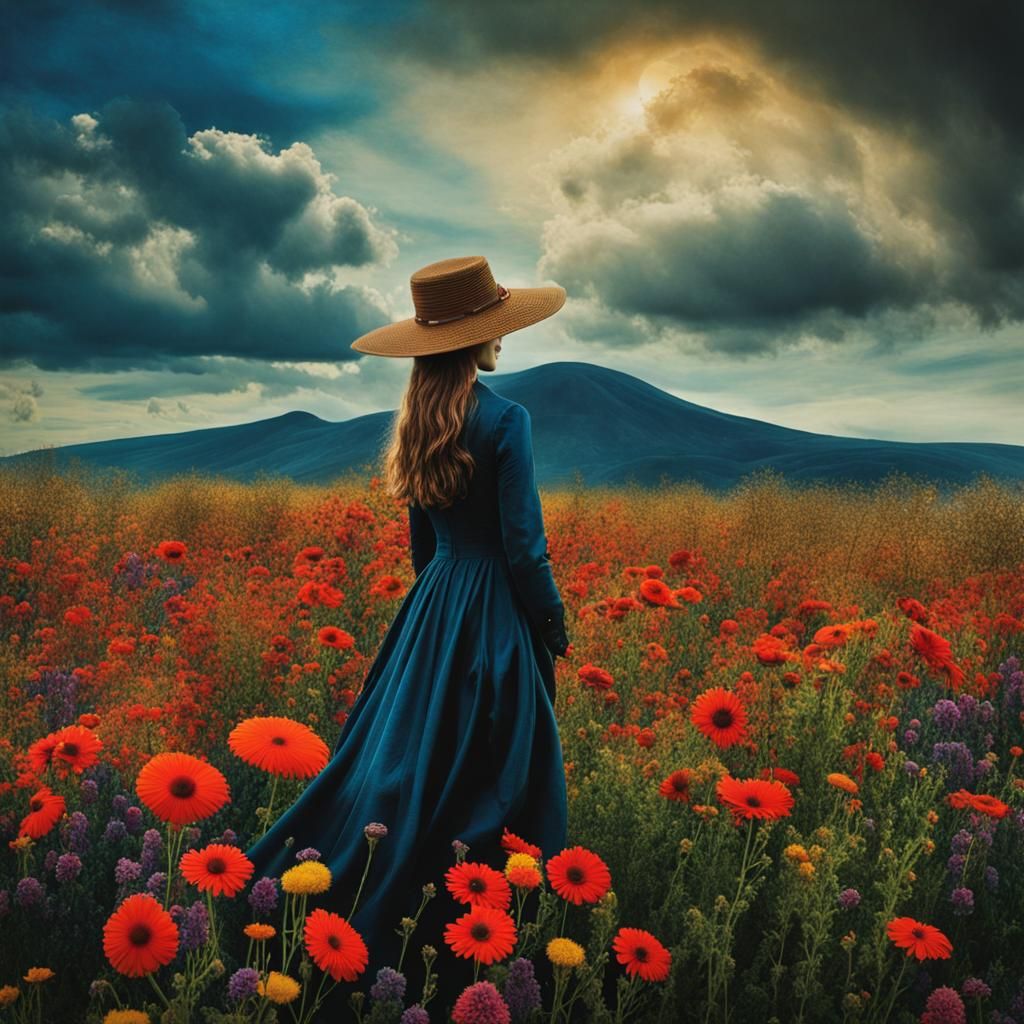 Woman in Flower Field: Surreal Magical Realism