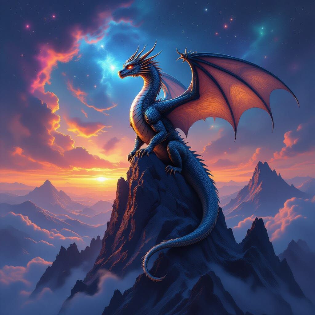 Ancient Dragon on Obsidian Peak Under Cosmic Sky