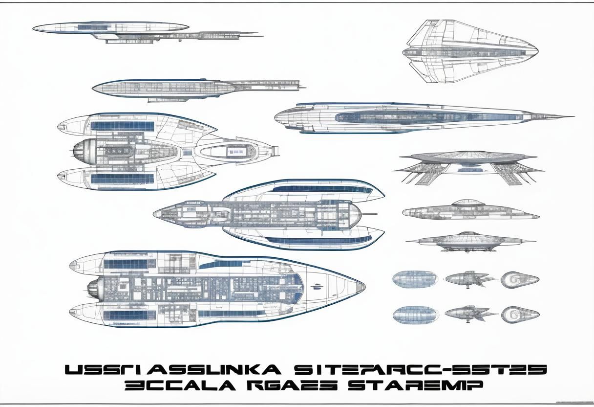 Technical schematics and blueprints of a futuristic spacecra...