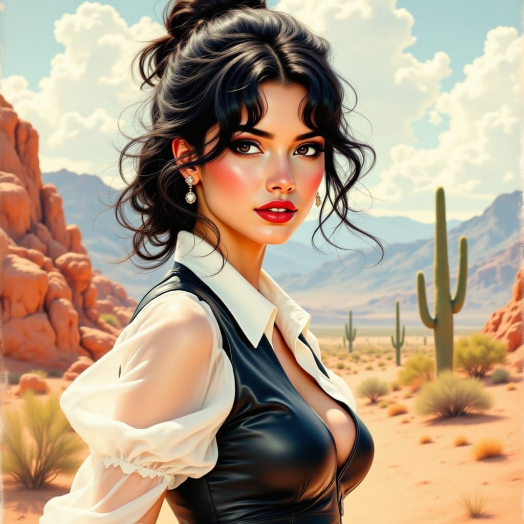 Glamorous Desert Siren in Impressionistic Watercolor