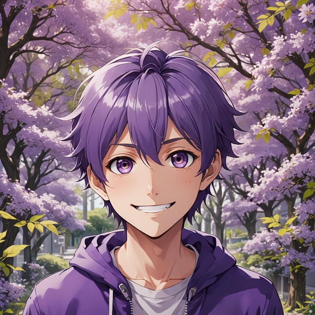 Anime Style Purple Boy with Gentle Smile