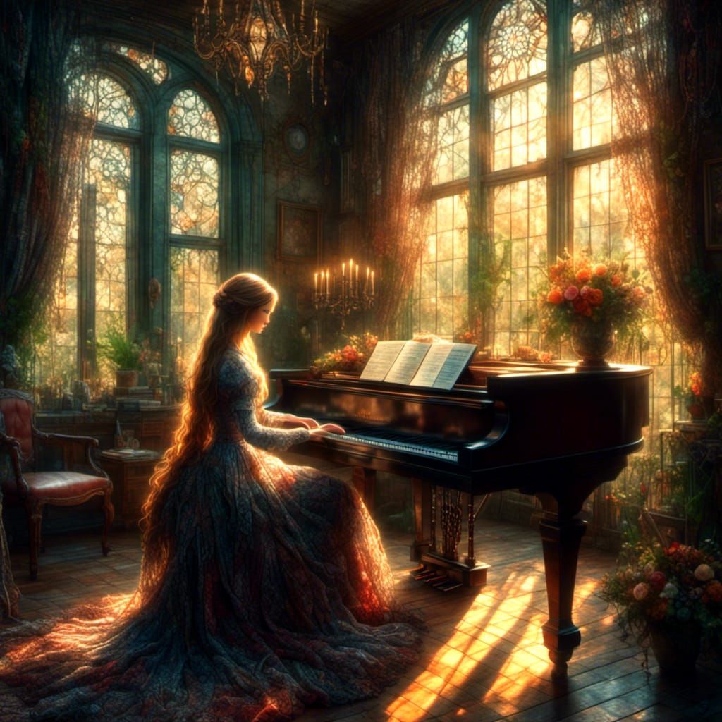 Victorian Woman in Sunroom with Piano, 3D Rendered