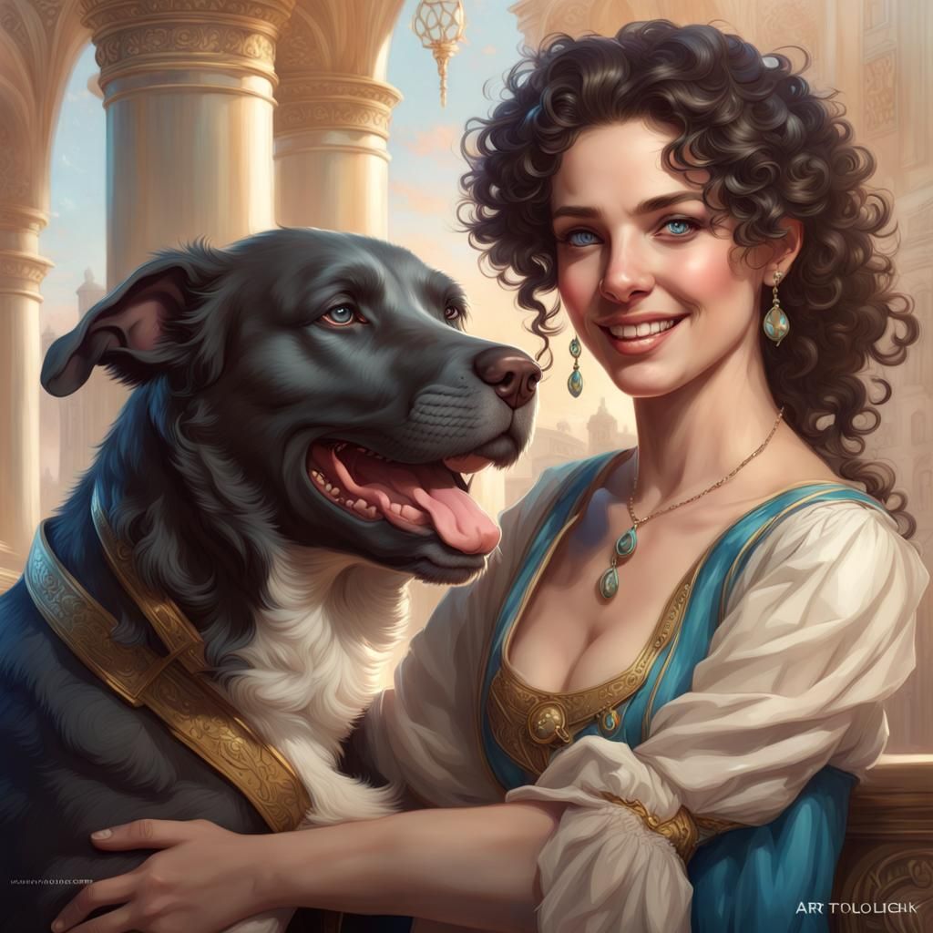 Regency Woman with Pitbull: Hyperrealistic Portrait