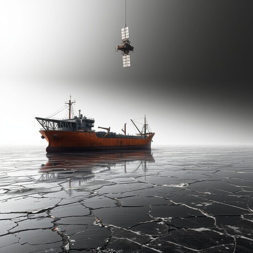 Rusted Transport Ship Drifts Across Liquid Mercury Landscape