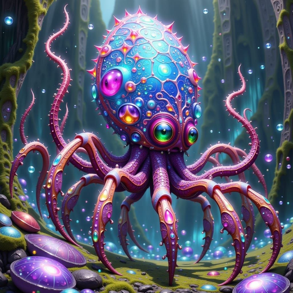 Surreal Fantasy Creature Amidst Glittering Gemstone Caves