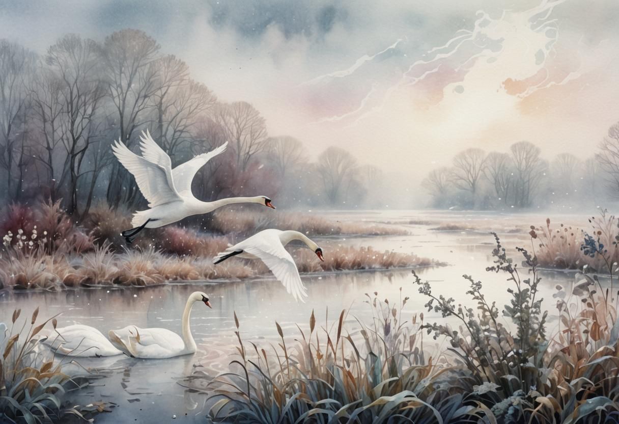 Swans in Frosty Field: Watercolor Abstract Illustration