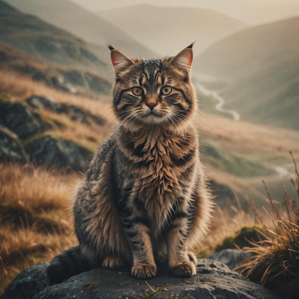 Scottish Wildcat in Misty Highlands: Cinematic Film Still