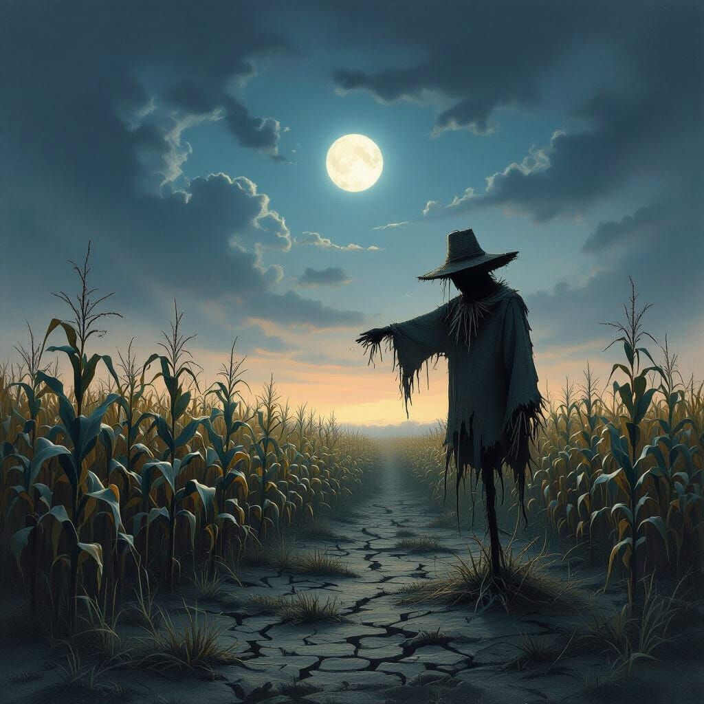 Lone Scarecrow in Desolate Field at Twilight