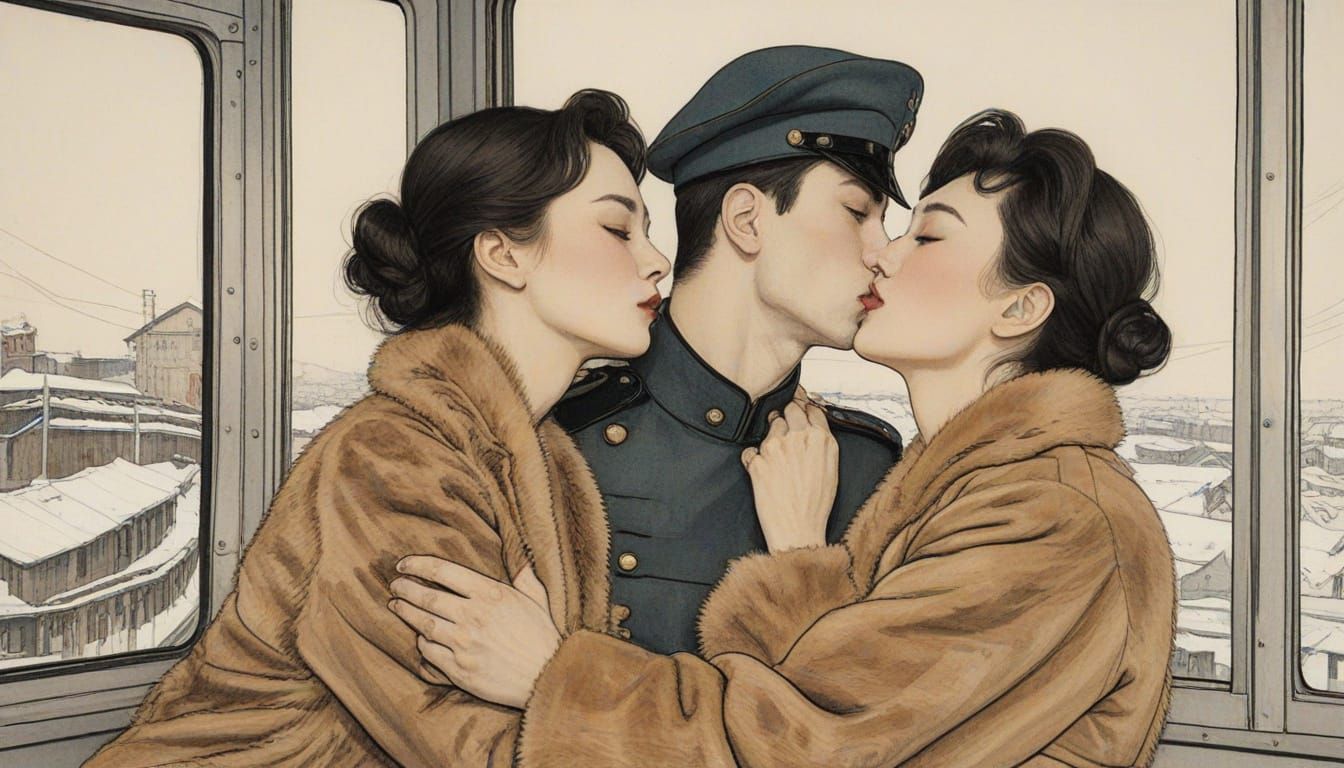 Romantic Train Kiss in 19th Century Russian Style