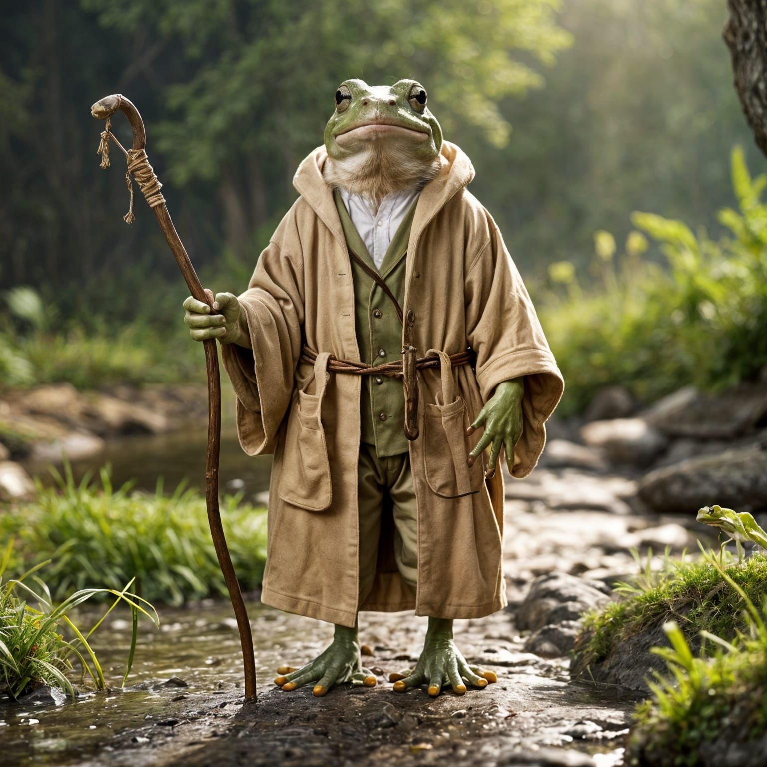 Weasel-Frog Creature in Tan Robe with Walking Stick
