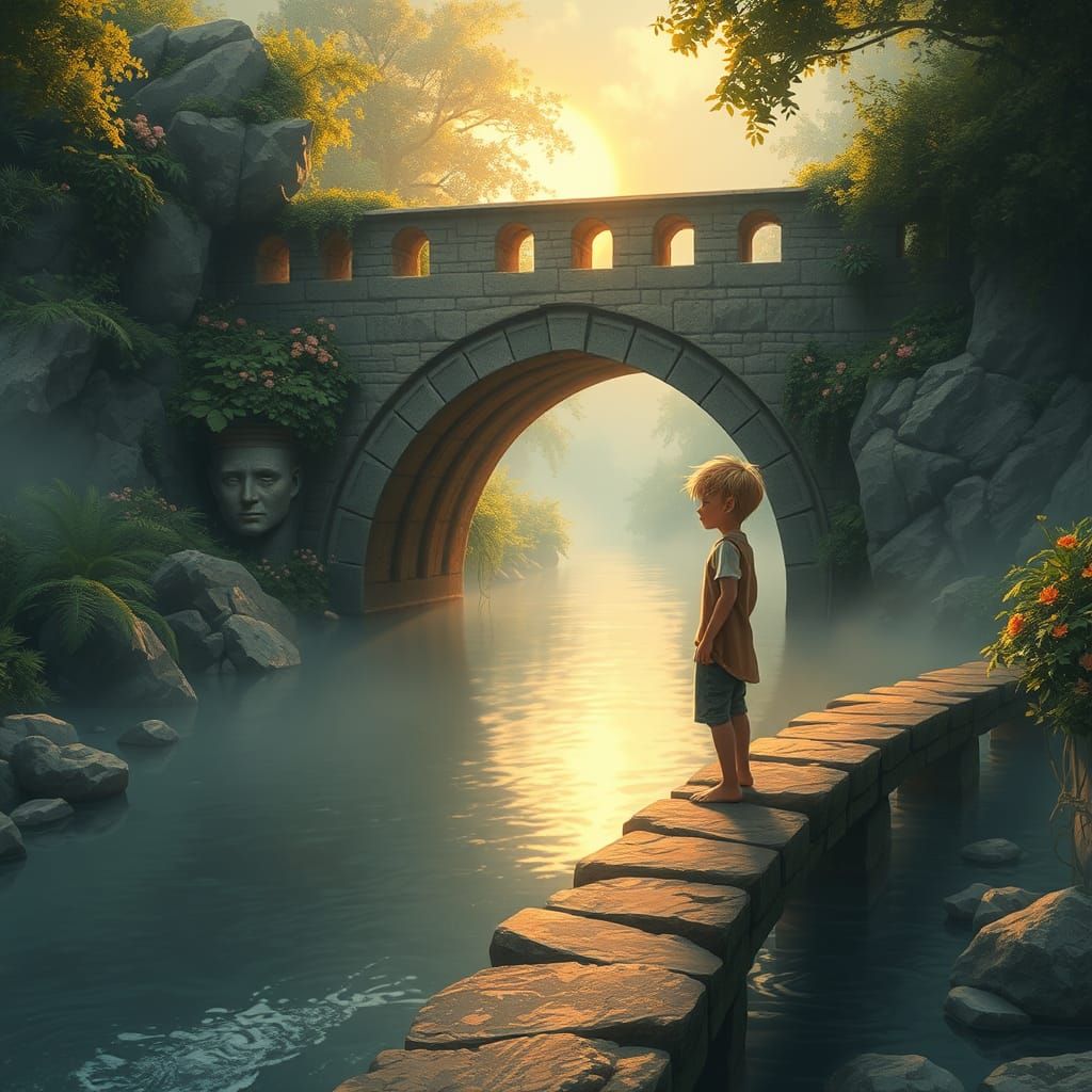 Misty River Scene with Ancient Stone Bridge