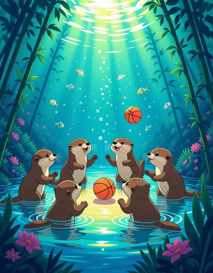 Anime Otters Play Basketball in Bioluminescent Kelp Forest