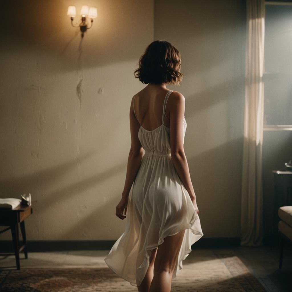 Film Noir: Young Woman Walking Away in White Dress