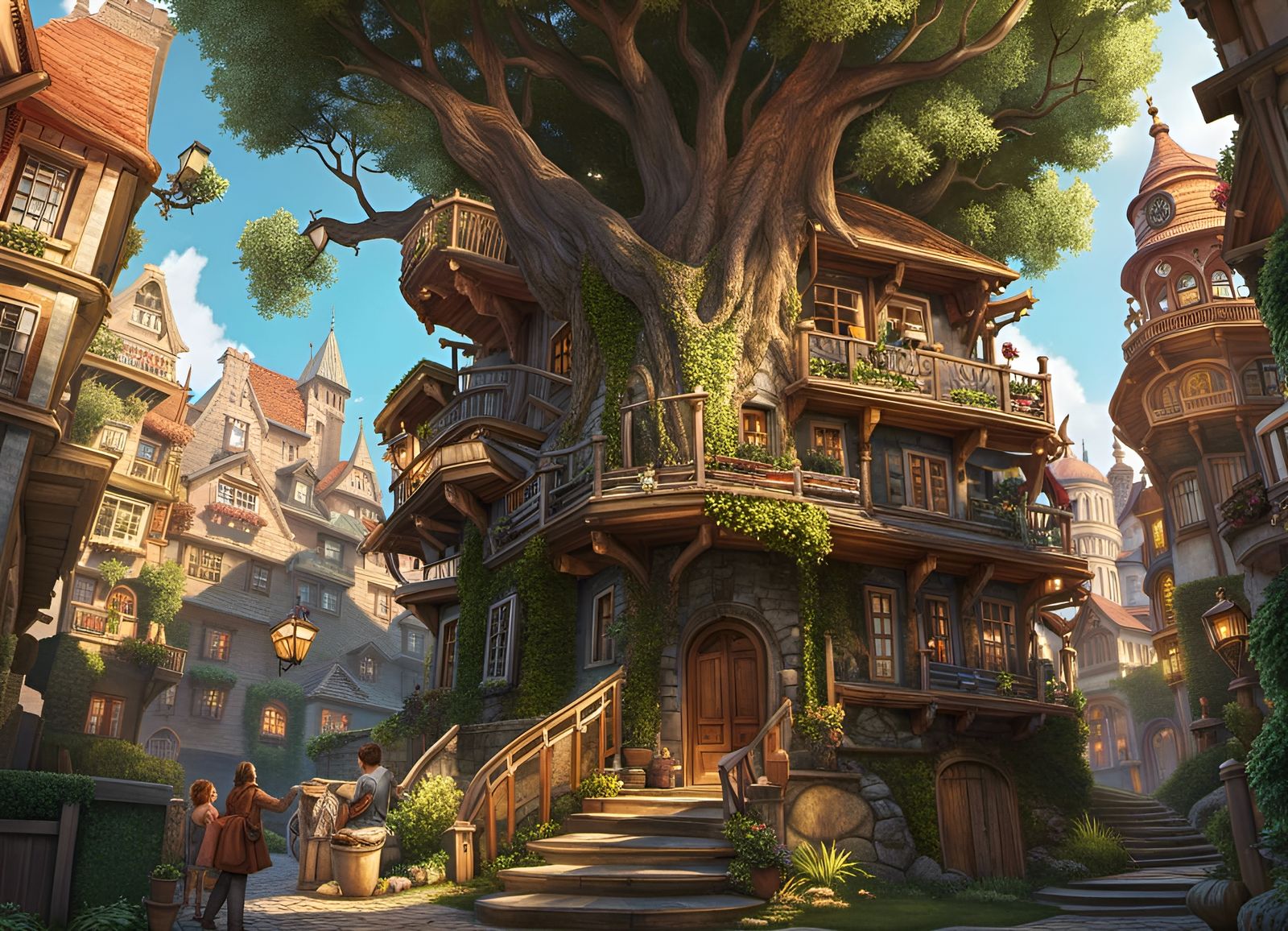 Tree Bookstore with Owl Proprietor: Hyperrealistic Concept A...