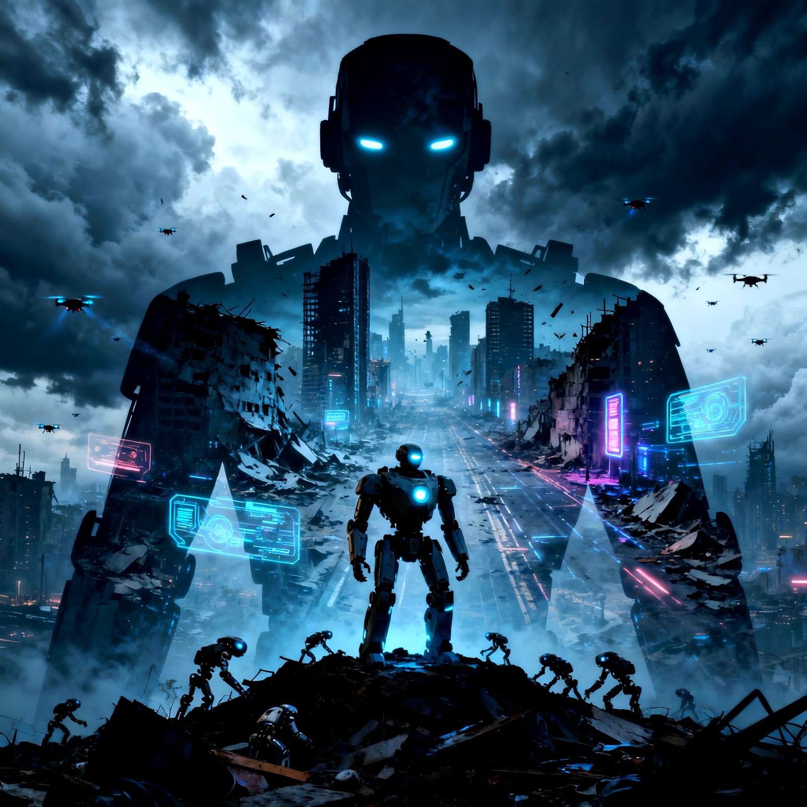 Mecha Robot Silhouette Over Dystopian Cityscape