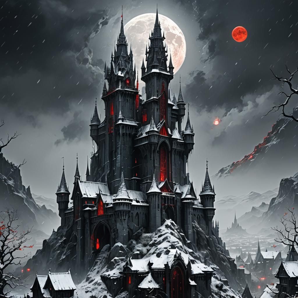 Elvish Tower Under Red Moon in Fantasycore Style