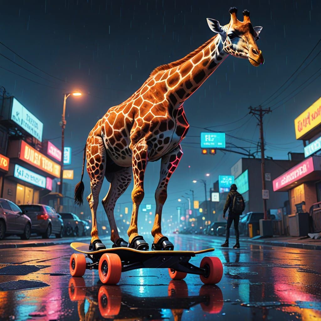 Giraffe Skater on Rollerblades in Neon Sci-Fi City