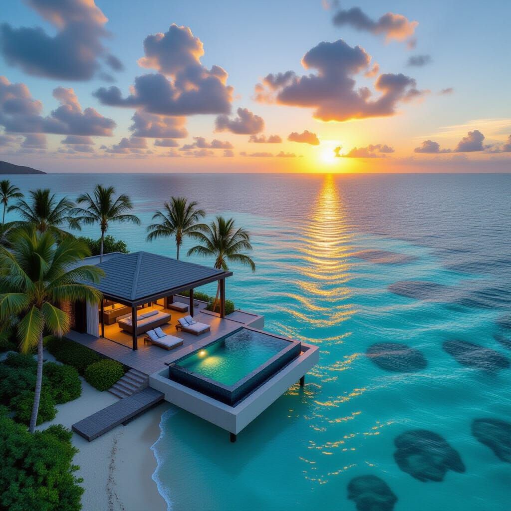 Luxury Cabana Overlooking Turquoise Ocean, Moody Drone View