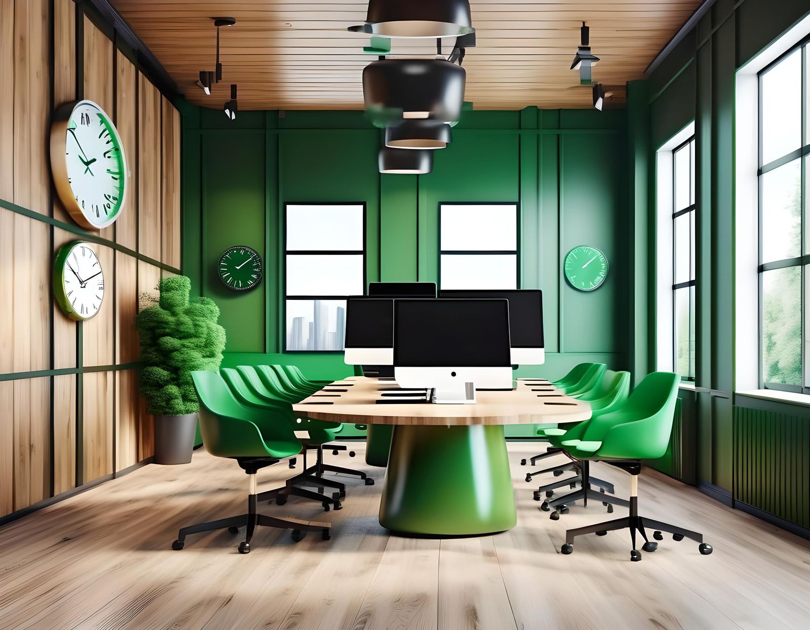 Stylish Open-Space Office with Green and Wood in 3D