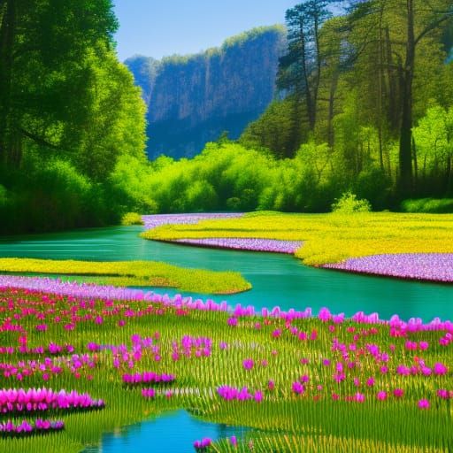 Colorful Valley Meadow with Turquoise River, Gothic Art