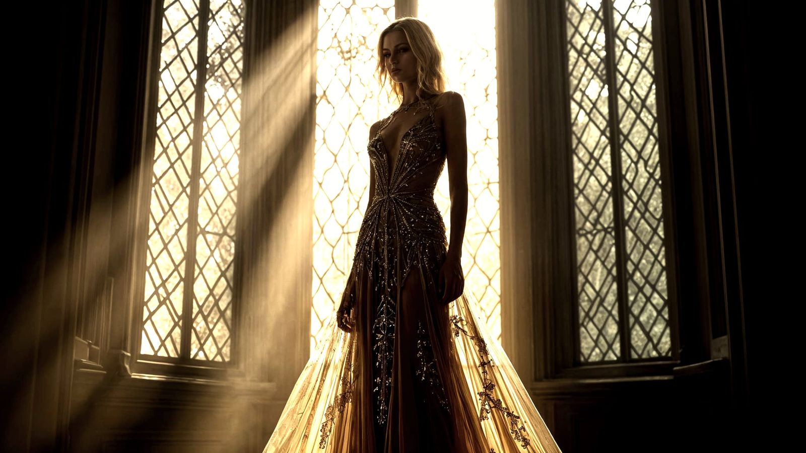 Goth Woman in Sequined Gown with Gothic Window