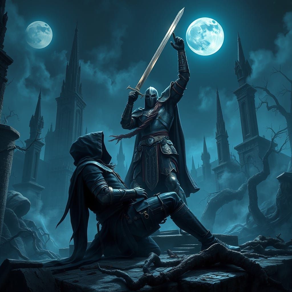 Heroic Warrior Conquers Dark Knight in Ancient Ruins