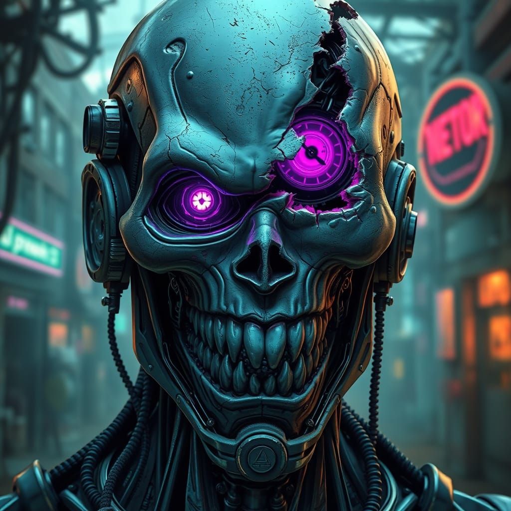 Cyborg Face with Glowing Eye in Cyberpunk Style