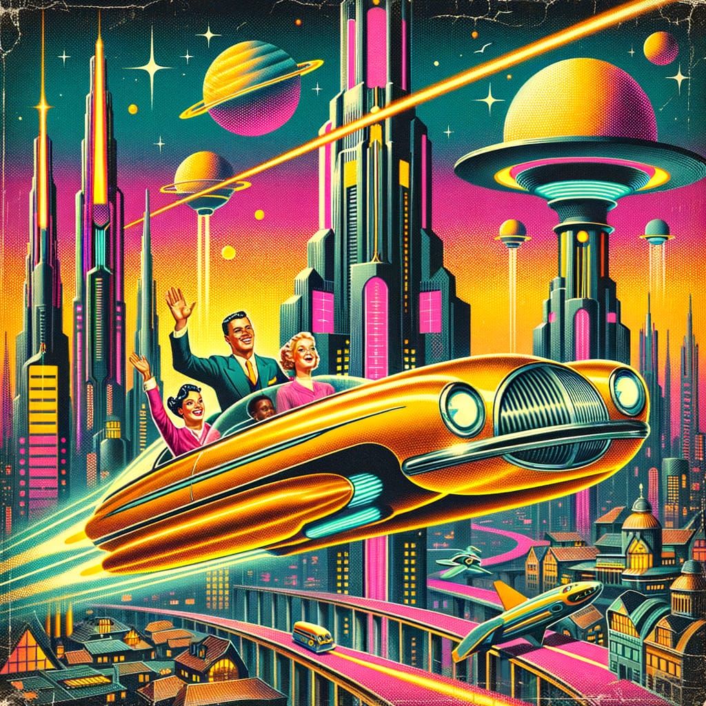 1950s Future Vision: Flying Car in Art Deco Cityscape
