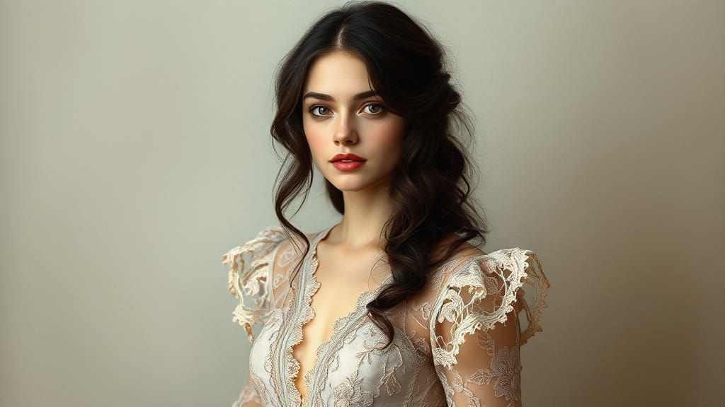 Delicate Young Woman in Antique Lace Gown