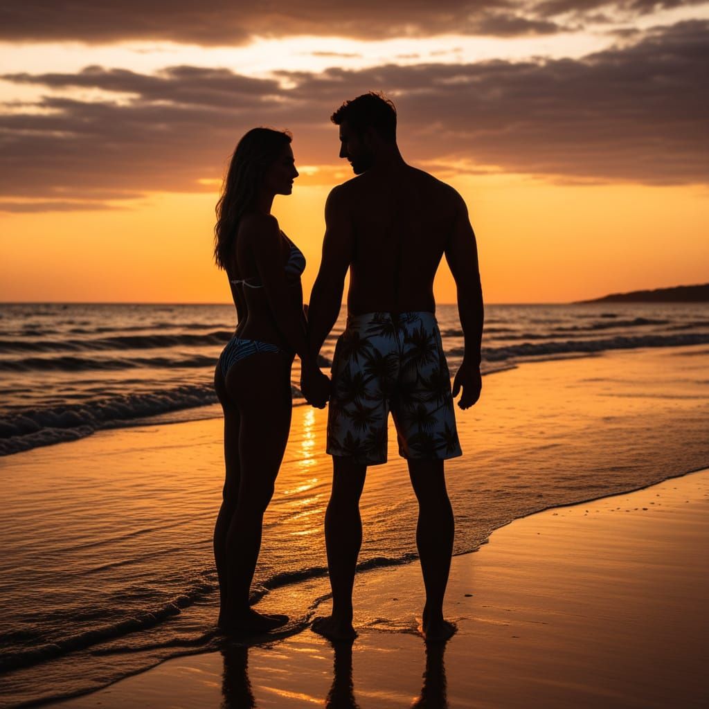 Romantic Sunset Beach Scene with Embracing Couple