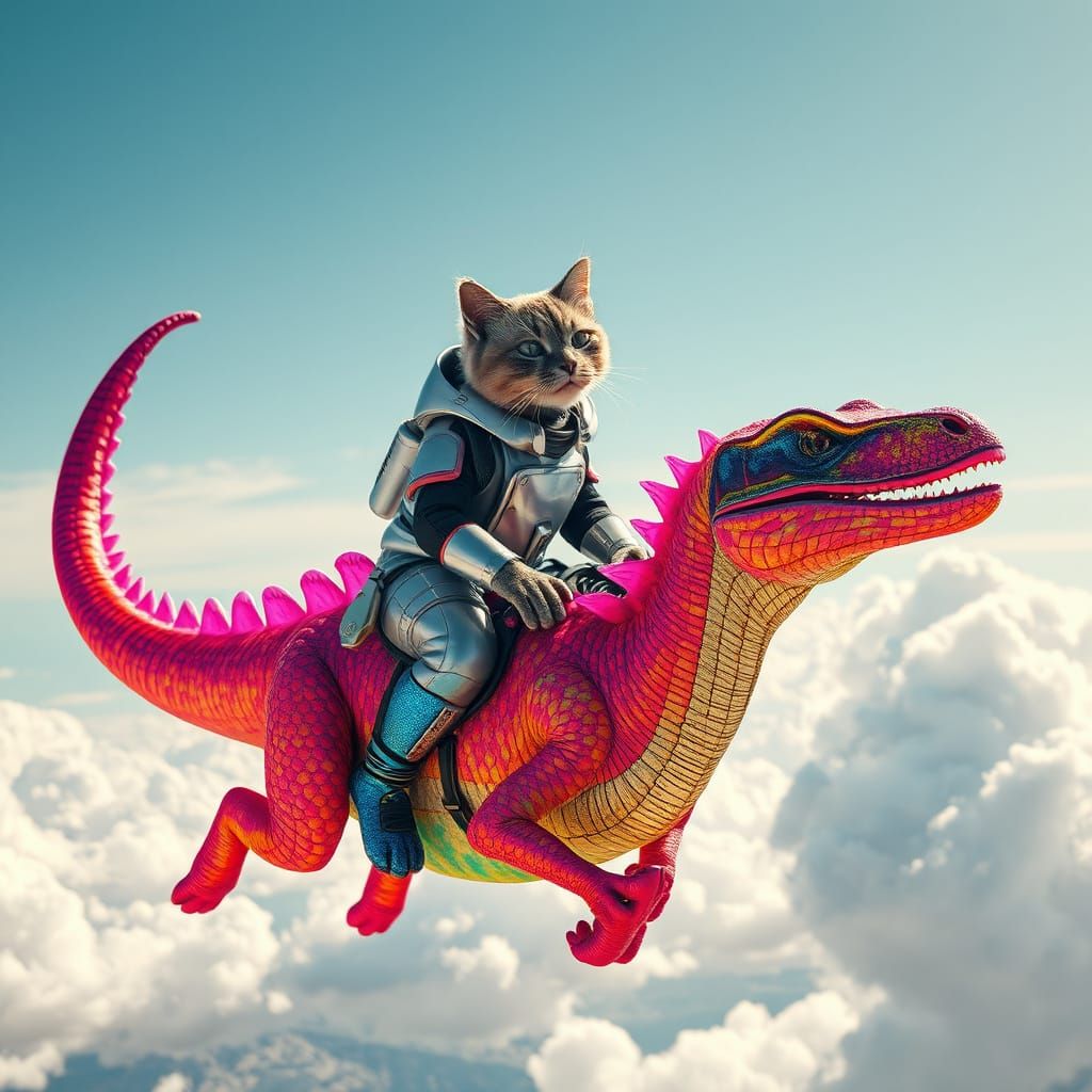 Futuristic Cat Riding Dinosaur Through Sunny Skies