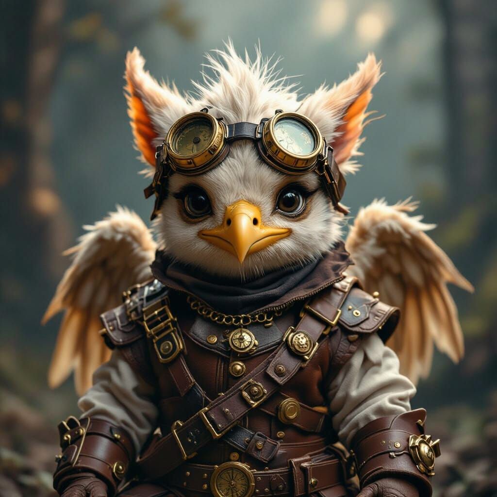 Steampunk Baby Griffin in Detailed Outfit, Cinematic Style