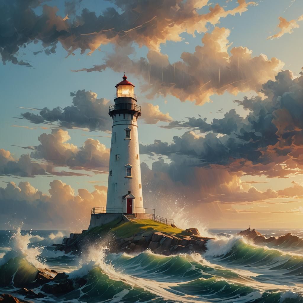 Lighthouse at Sunset: Oil Painting with Triadic Colors
