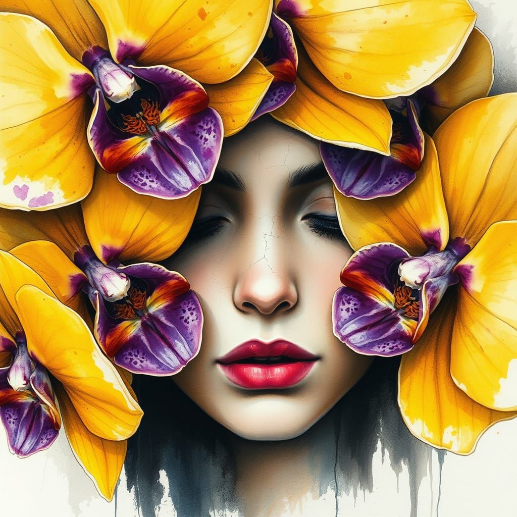 Hidden Female Face Amidst Orchids, Dark Fantasy Watercolor M...